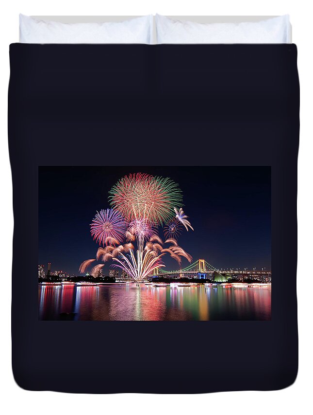Firework Display Duvet Cover featuring the photograph Odaiba Fireworks Spectacular by Image Provided By Duane Walker