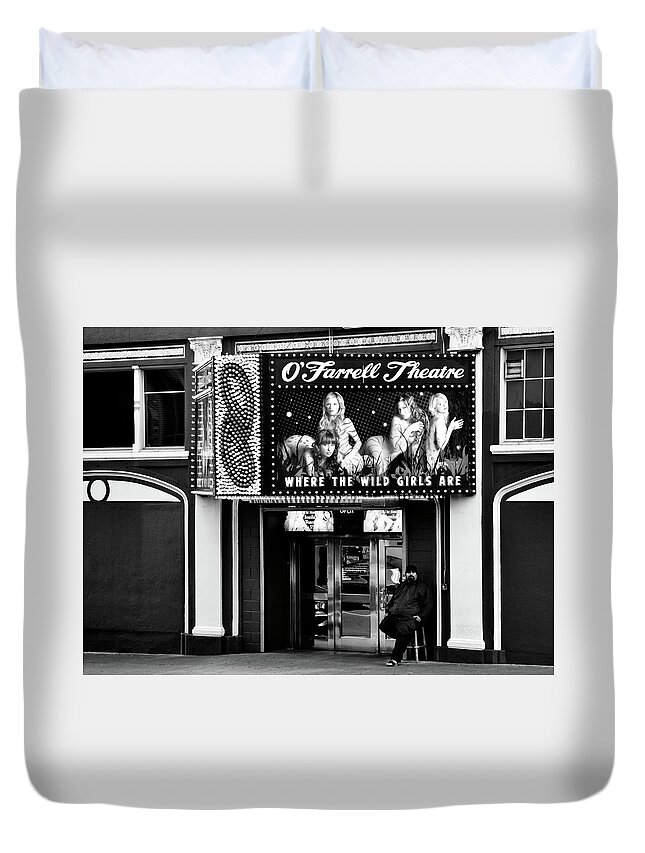 Farrell Duvet Cover featuring the photograph O'Farrell Theatre entrance BW by RicardMN Photography