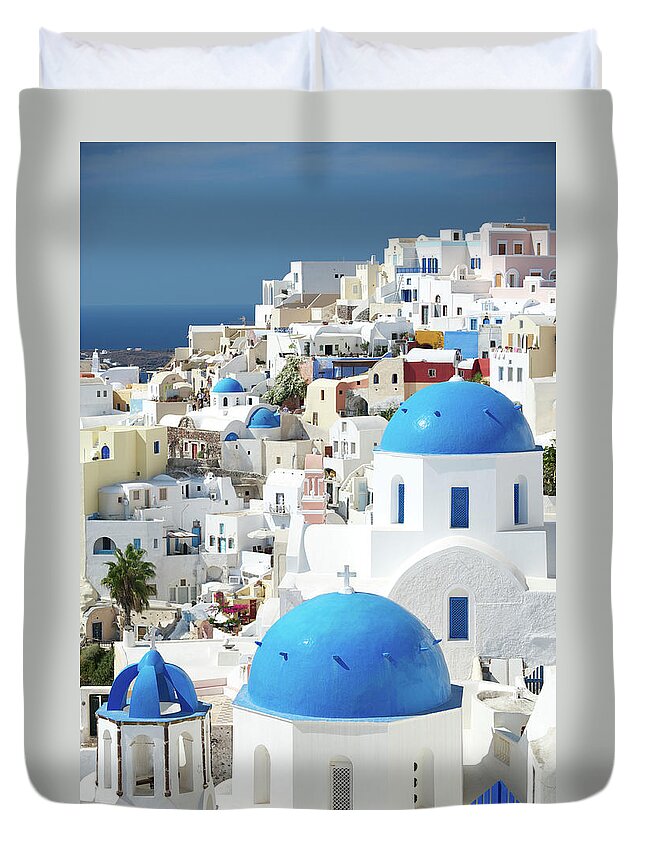 Greek Culture Duvet Cover featuring the photograph Oia Village Santorini Blue Greek by Peskymonkey