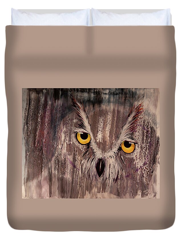 Owl Duvet Cover featuring the painting OL Rainy Day Owl by Laurel Bahe