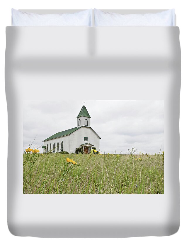 Grass Duvet Cover featuring the photograph Old Church On The Prairie by Shannonforehand