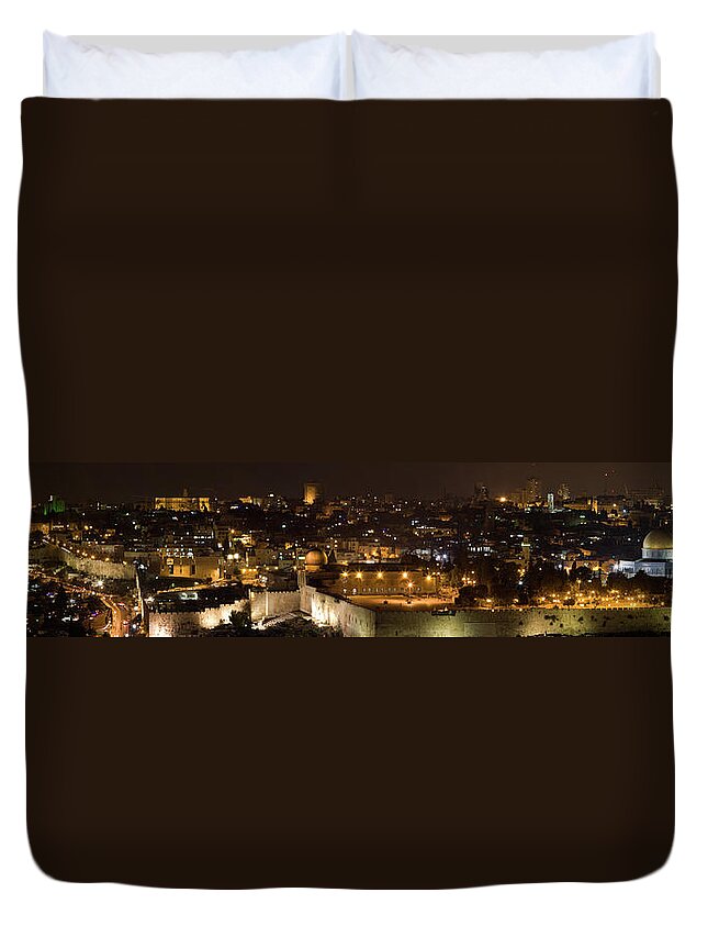 Dome Of The Rock Duvet Cover featuring the photograph Old City Jerusalem Night Panorama by Jsteck