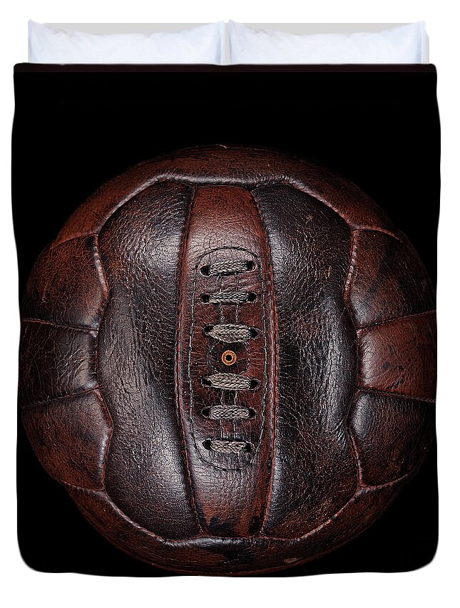 Ball Duvet Cover featuring the photograph Old Leather Football On Black by Justin Lambert