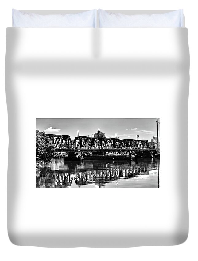 B&w Duvet Cover featuring the photograph Old Railroad Swing Bridge by Louis Dallara