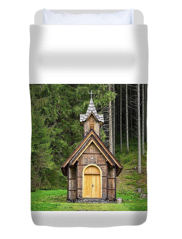 Old Duvet Cover featuring the photograph Old Wooden Chapel by Les Palenik