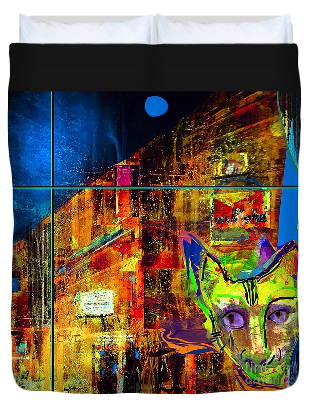 Square Duvet Cover featuring the mixed media Oliver Night Cat by Zsanan Studio