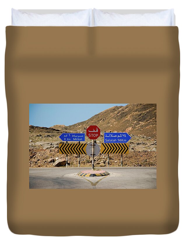 Tranquility Duvet Cover featuring the photograph Oman Mirbat Road Signs by Jason Jones Travel Photography