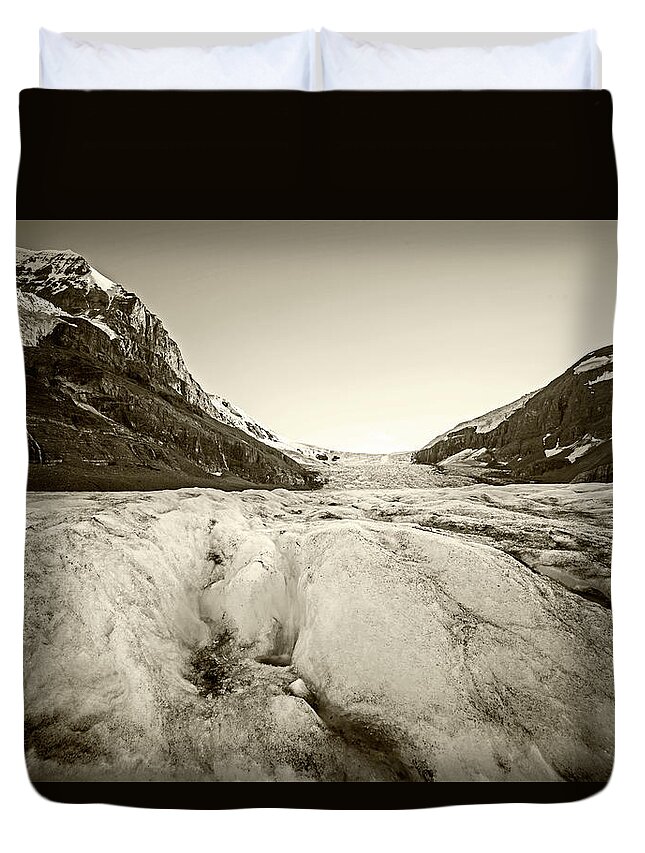 Banff Duvet Cover featuring the photograph On Athabasca Glacier at Glacier National Park Columbia-Shuswap A, BC, Canada Icy Sepia by Toby McGuire