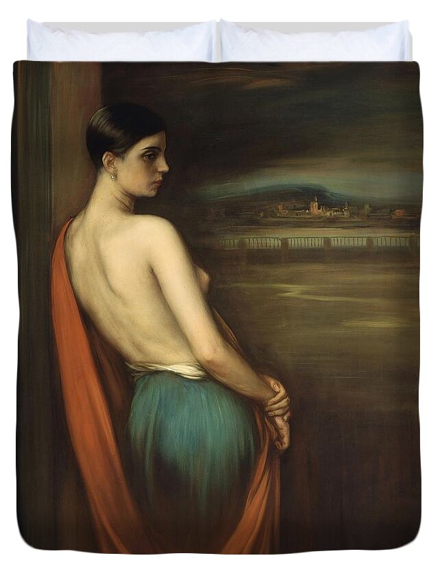 Julio Romero De Torres Duvet Cover featuring the painting 'On the River Bank', 1928, Oil and tempera on canvas, 110 x 81 cm. by Julio Romero de Torres -1874-1930-