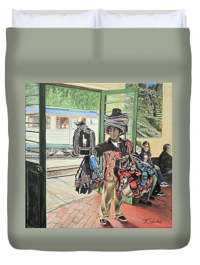 Ollantaytambo Duvet Cover featuring the painting One Man Store by Bonnie Peacher