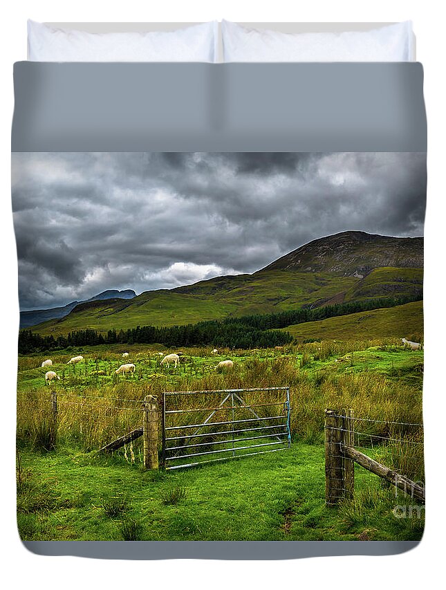 Adventure Duvet Cover featuring the photograph Open Gate To Pasture With White Sheep In Scenic Landscape On The Isle Of Skye In Scotland by Andreas Berthold