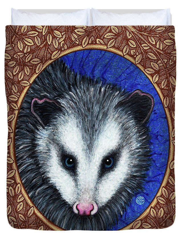 Animal Portrait Duvet Cover featuring the painting Opossum Portrait - Brown Border by Amy E Fraser