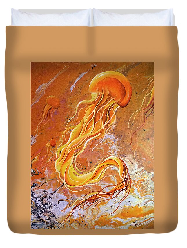 Jellyfish Duvet Cover featuring the painting Orange Jelly by William Love