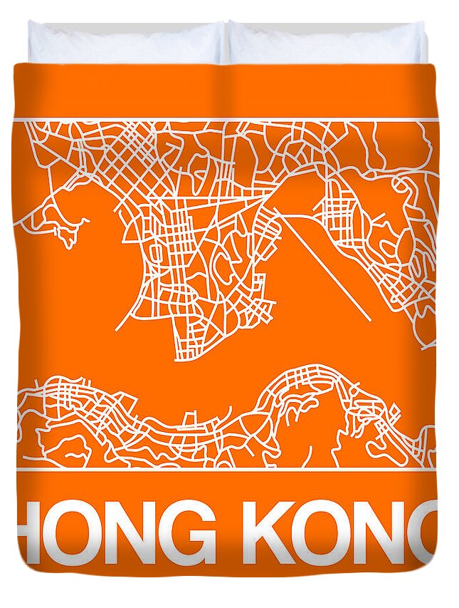 Hong Kong Duvet Cover featuring the digital art Orange Map of Hong Kong by Naxart Studio