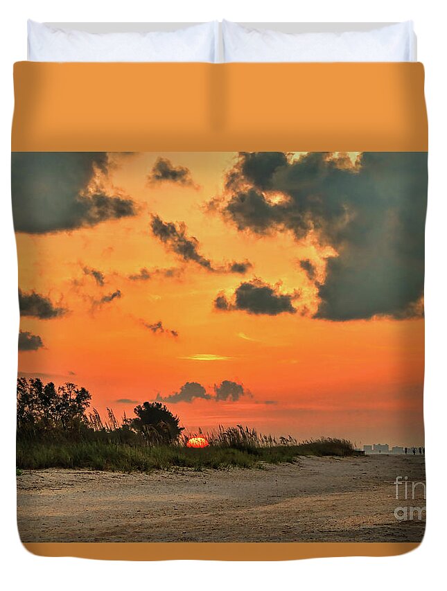 Sunrise Duvet Cover featuring the photograph Orange Sunrise Over Sanibel Island by Jeff Breiman