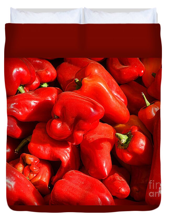 Red Duvet Cover featuring the photograph Organic Red Peppers by Olivier Le Queinec