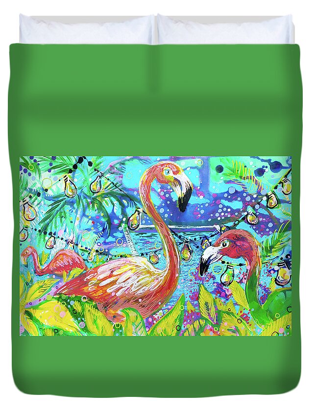 Flamingo Duvet Cover featuring the painting Outdoor flamingo party by Tilly Strauss