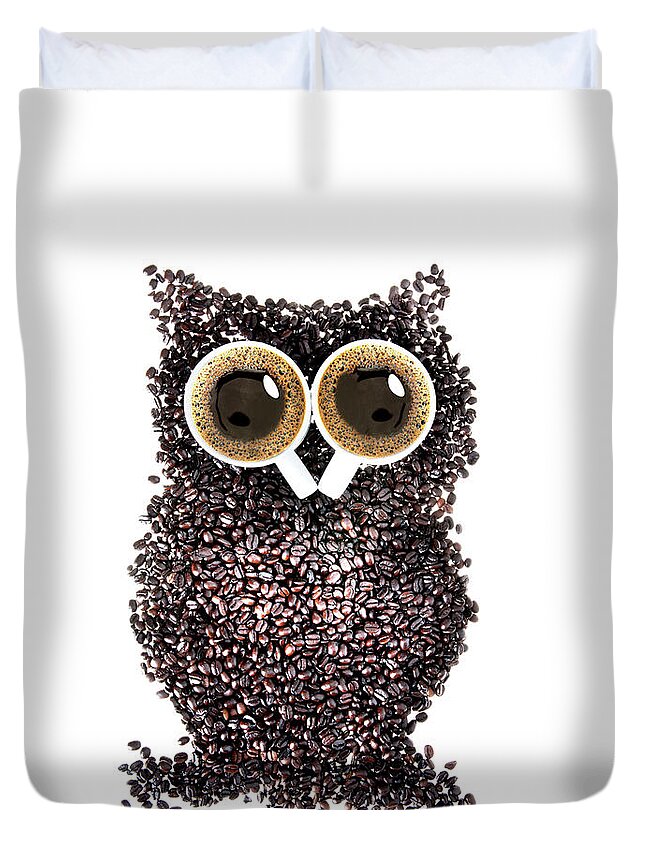 White Background Duvet Cover featuring the photograph Owl Coffee by 101cats