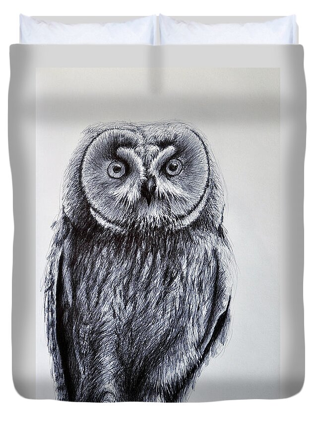 Owl Duvet Cover featuring the drawing Owl Standing by Rick Hansen