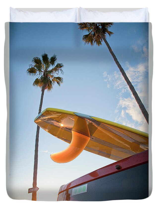 California Duvet Cover featuring the photograph Paddleboard On Top Of Car With Palm by Stephen Simpson