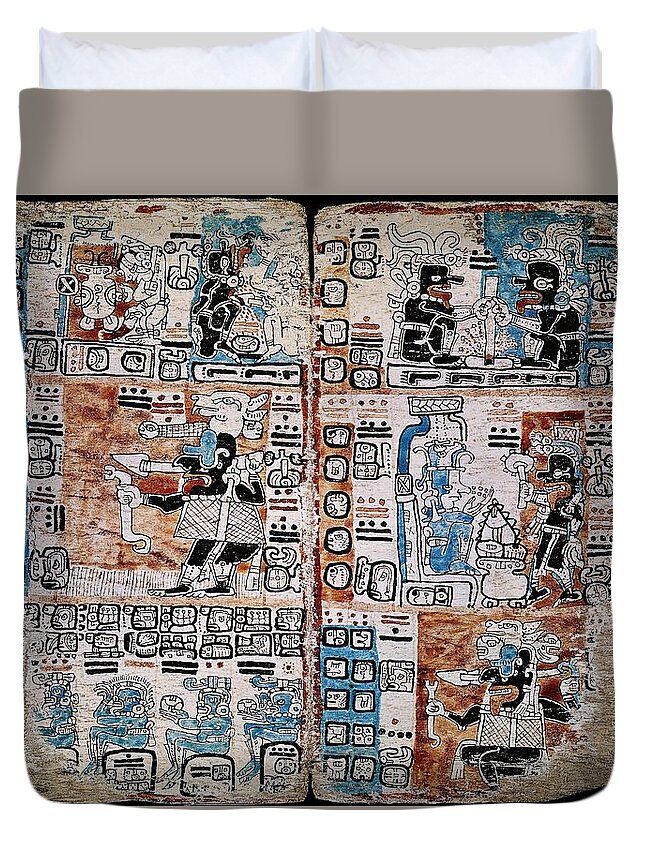 13th Century Duvet Cover featuring the drawing Page of the Tro-Cortesianus Codex or Madrid Codex. Mayan Codex. Gods and Men. 13th-15th centuries. by Album