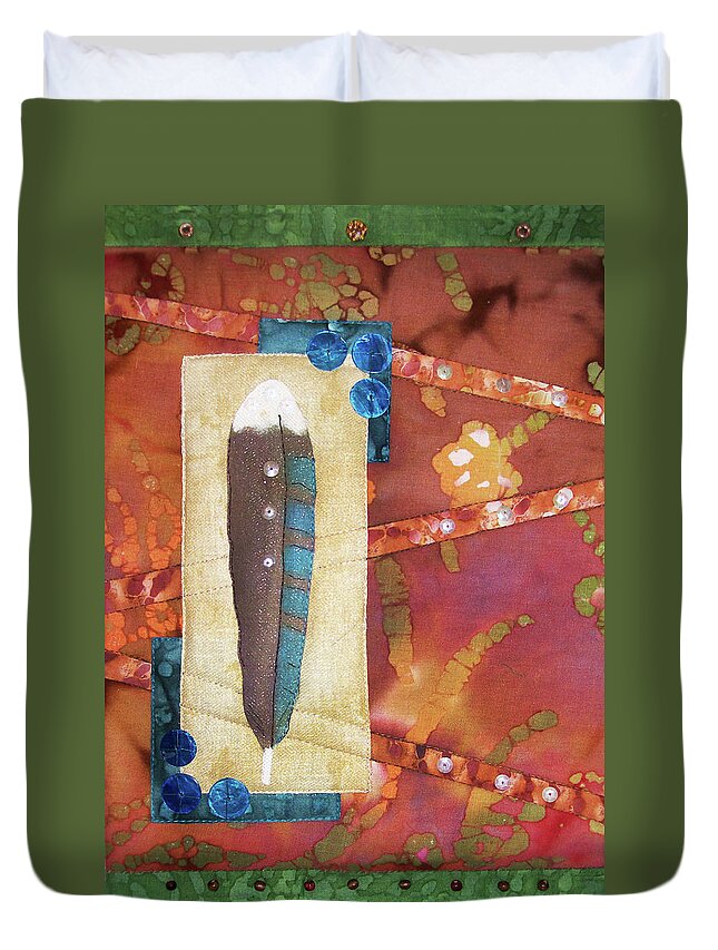 Art Quilt Duvet Cover featuring the tapestry - textile Painted Feather by Pam Geisel
