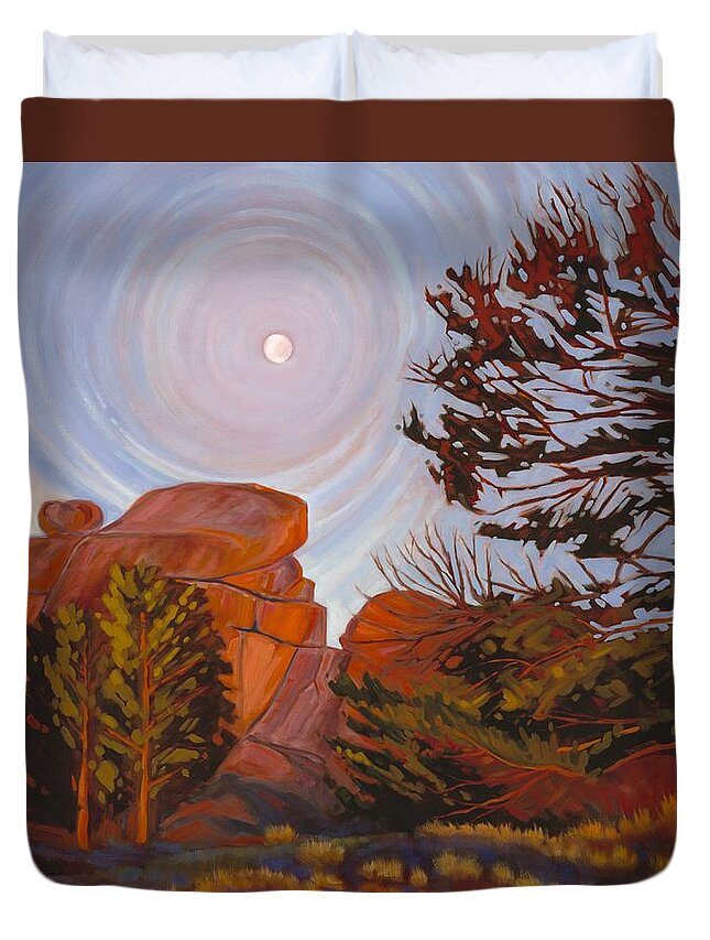 Wyoming Duvet Cover featuring the painting Pale Moon Over Vedauwoo by Art West