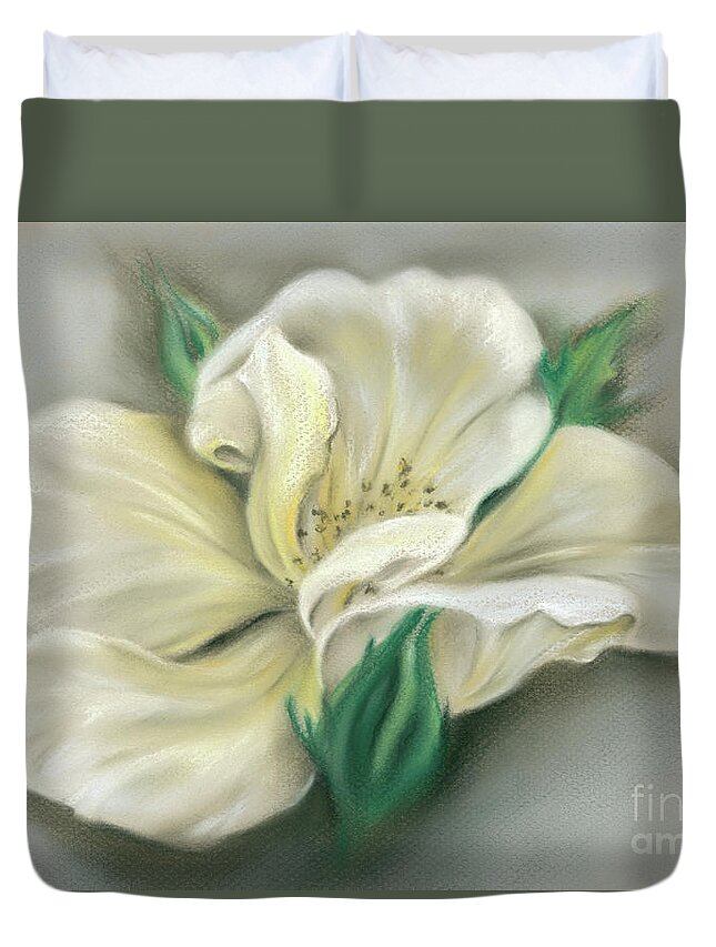 Botanical Duvet Cover featuring the painting Pale Yellow Rose and Green Rosebuds by MM Anderson