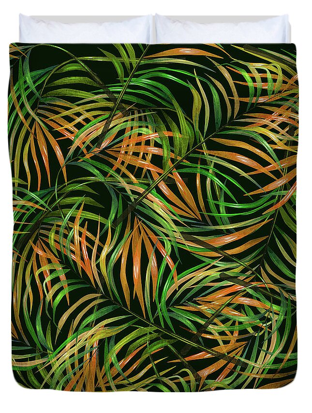 Palm Duvet Cover featuring the mixed media Palm Leaf Pattern 3 - Tropical Leaf Pattern - Green, Orange - Tropical, Botanical Pattern Design by Studio Grafiikka