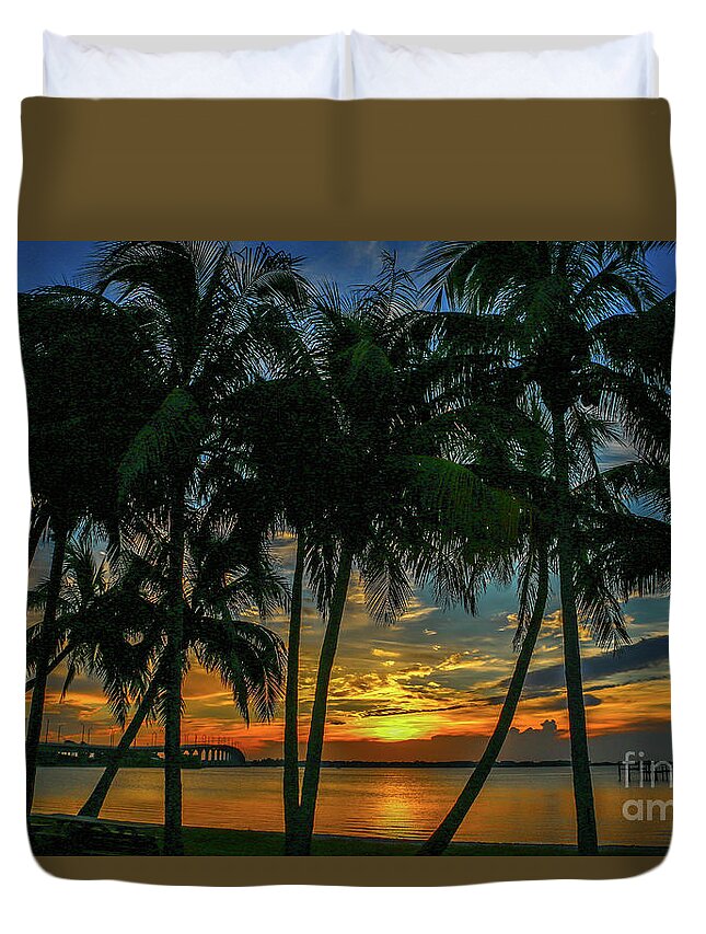 Palms. Palm Duvet Cover featuring the photograph Palm Tree Lagoon Sunrise by Tom Claud