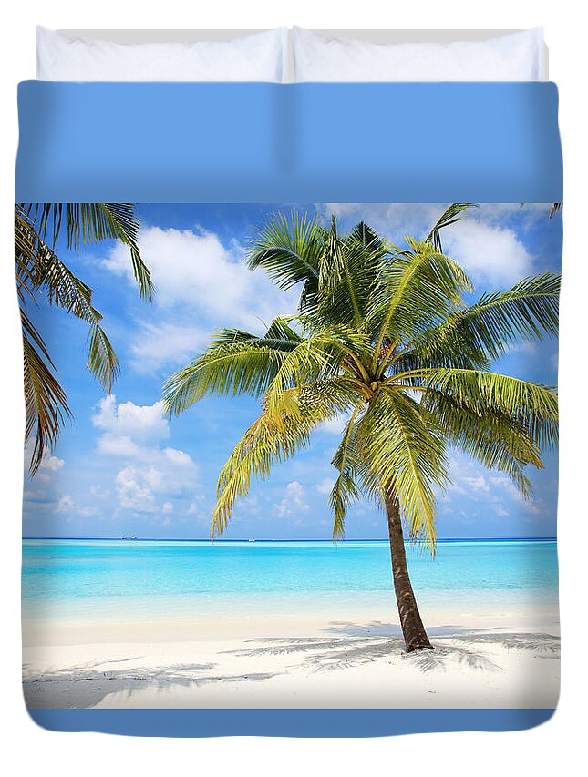 Scenics Duvet Cover featuring the photograph Palm Trees On The Tropical Beach Of by Skynesher