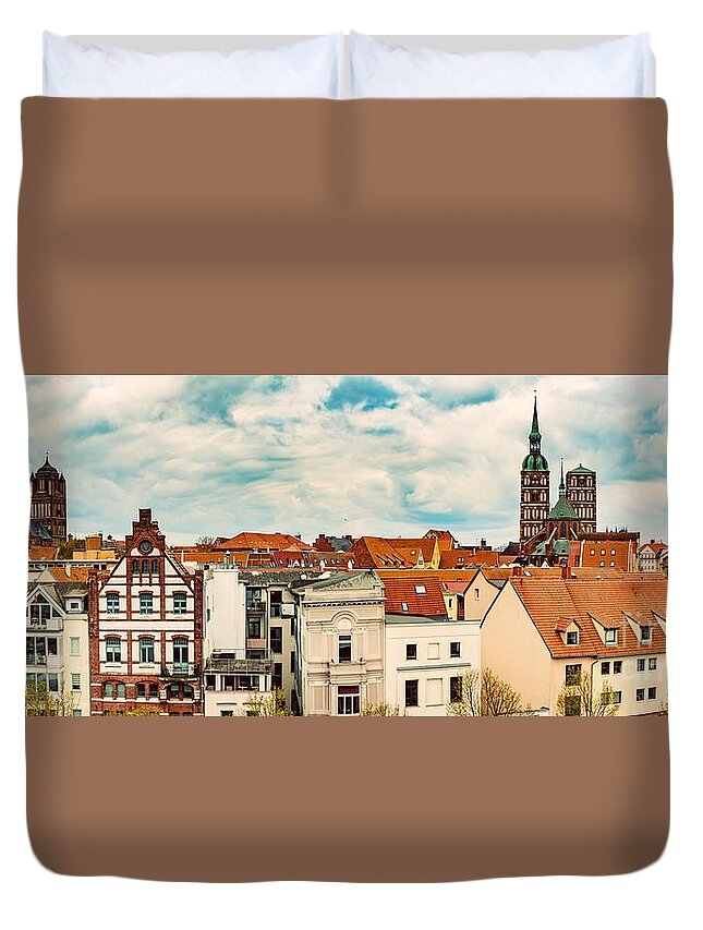 Stralsund Duvet Cover featuring the photograph Panoramic view of Stralsund, Germany. by Michal Bednarek