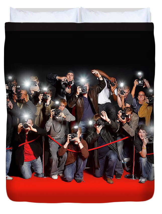 People Duvet Cover featuring the photograph Paparazzi Behind Cordon At Premiere by Peter Dazeley