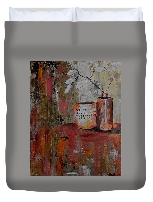 Oriental Pot Duvet Cover featuring the painting Paper Leaves by Barbara O'Toole