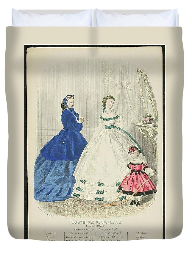 Adele Anais Colin Toudouze Duvet Cover featuring the painting 'Paris fashion ad'. 1864. Pen lithography, Illuminate... by Adele Anais Colin Toudouze J Desjardins