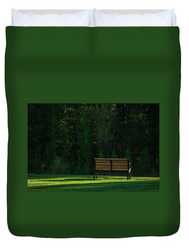 Bench Duvet Cover featuring the photograph Park bench at sunrise by Julieta Belmont