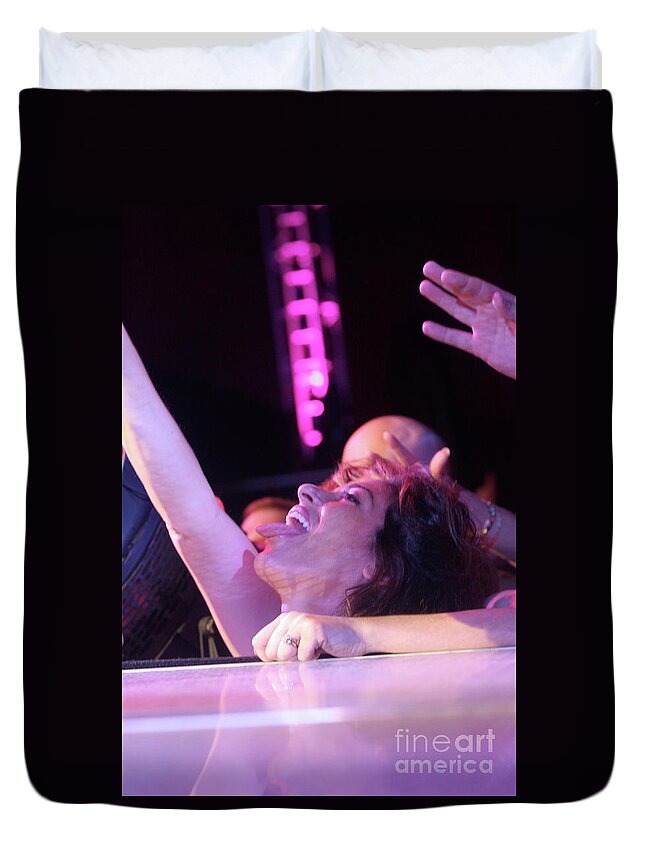 A Passionate Front Row Fan Reaches Up To Steven Tyler During A Live Concert Performance By Aerosmith. Duvet Cover featuring the photograph Passionate Front Row Fan by Concert Photos