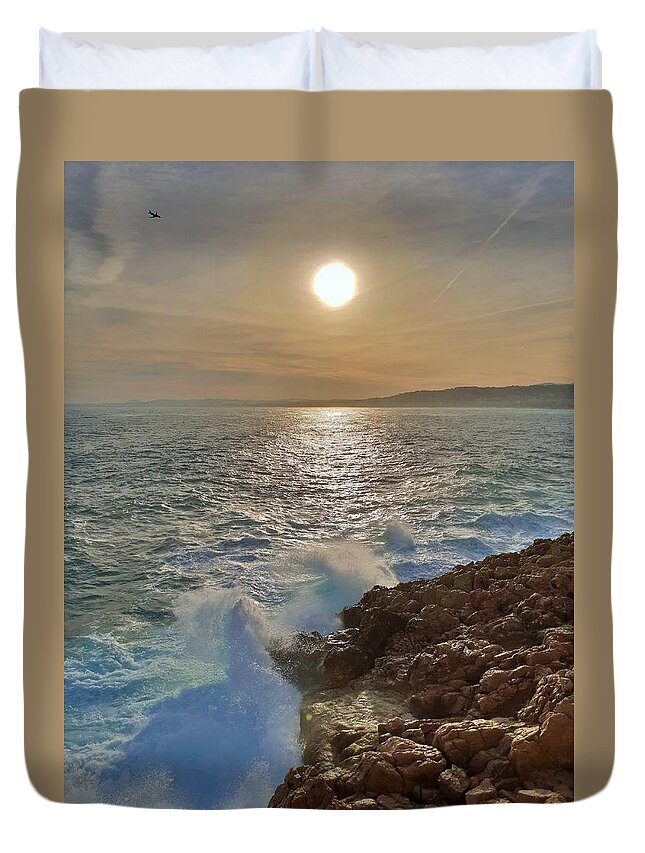 Seascape Duvet Cover featuring the photograph Pastel Mediterranean Sunset by Andrea Whitaker