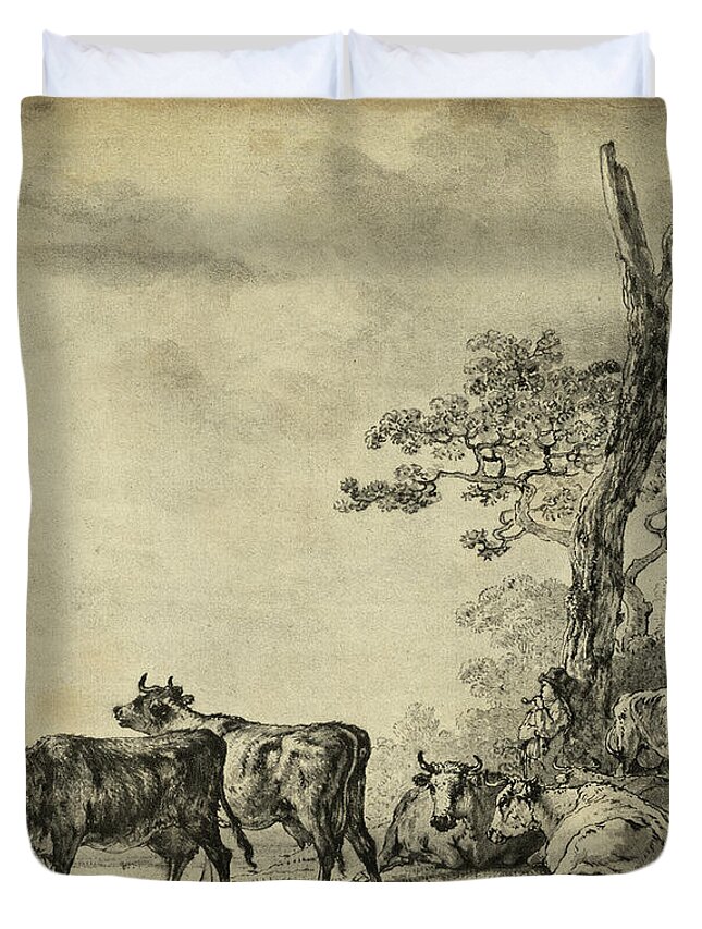 Pastoral Duvet Cover featuring the painting Pastoral Etching I by Unknown