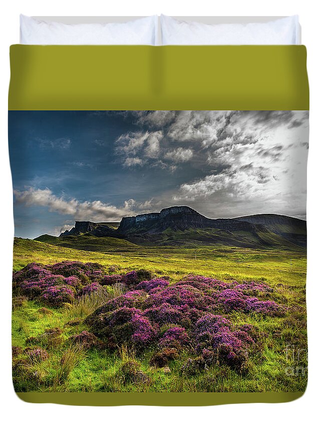 Abandoned Duvet Cover featuring the photograph Pasture With Blooming Heather In Scenic Mountain Landscape At The Old Man Of Storr Formation On The by Andreas Berthold