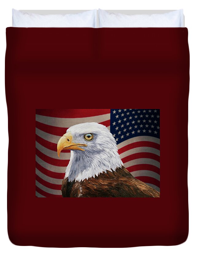 Eagle Duvet Cover featuring the painting Patriotic Bald Eagle and American Flag by Crista Forest