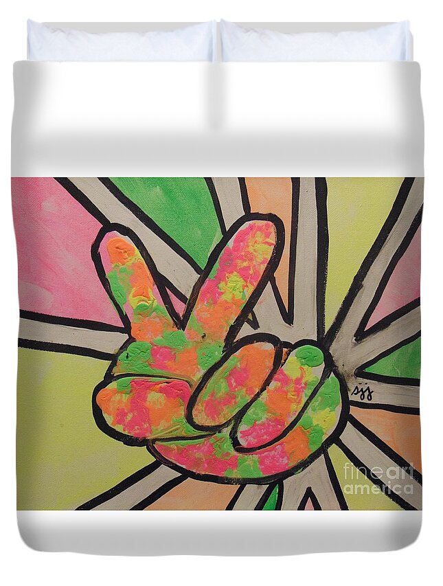 1960s Duvet Cover featuring the painting Peace Sign by Saundra Johnson