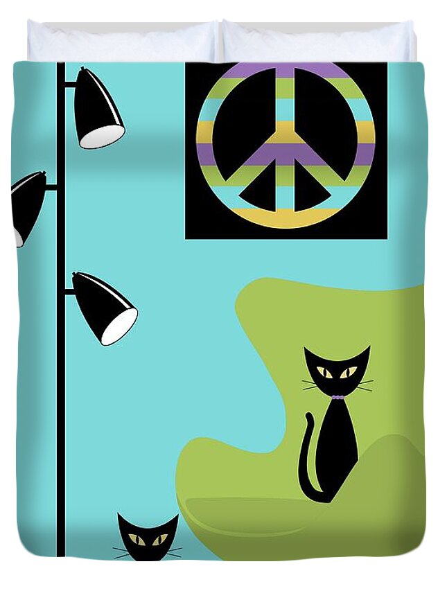 70s Duvet Cover featuring the digital art Peace Symbol Green Chair by Donna Mibus