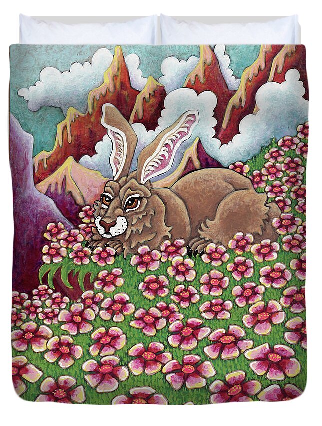 Hare Duvet Cover featuring the painting Peaceful Mountain Vista by Amy E Fraser