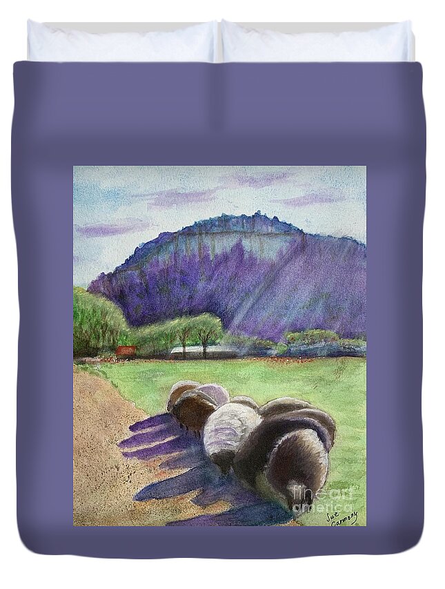 Sheep Duvet Cover featuring the painting Grazing in the Sun by Sue Carmony