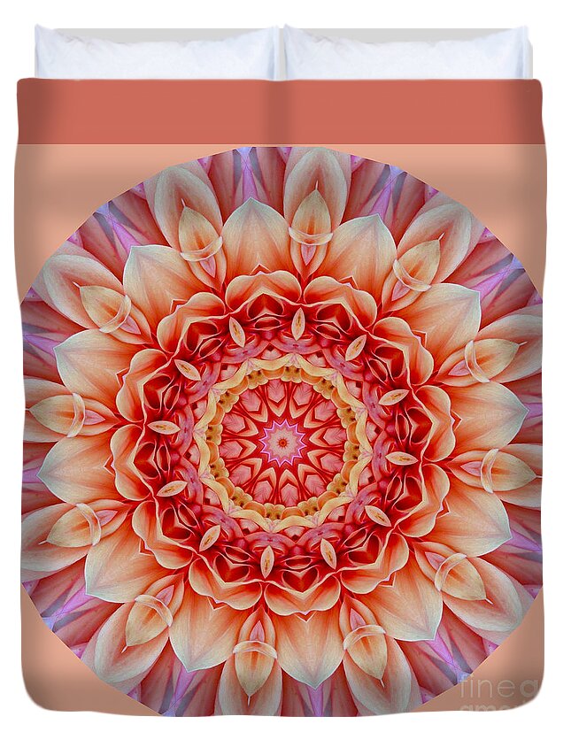 Mandala Duvet Cover featuring the digital art Peach Floral Mandala by Susan Rydberg