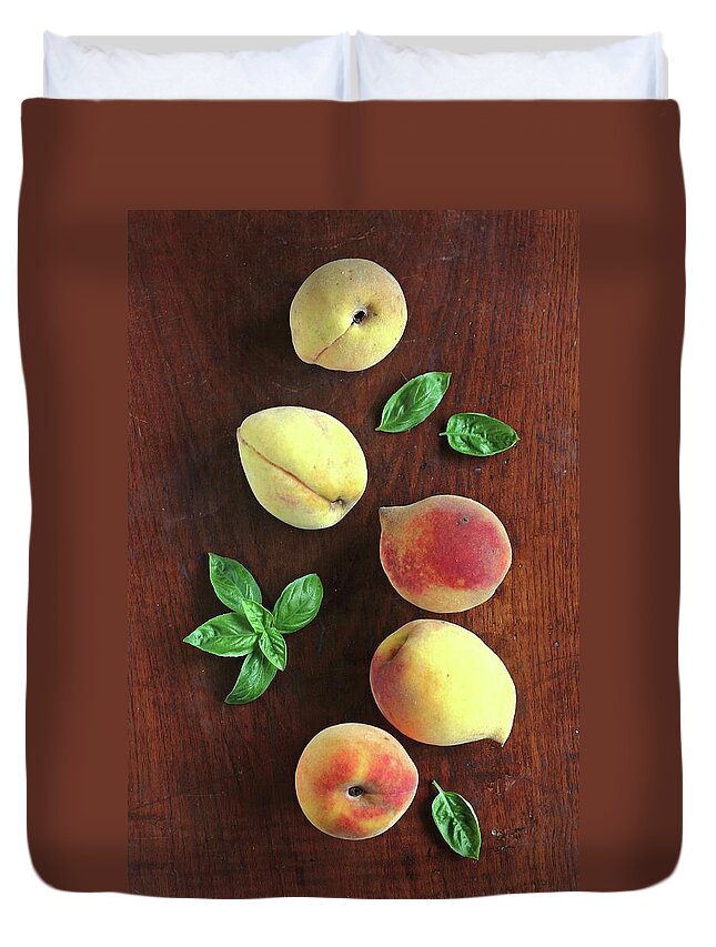 Five Objects Duvet Cover featuring the photograph Peaches And Basil by Aparna Balasubramanian