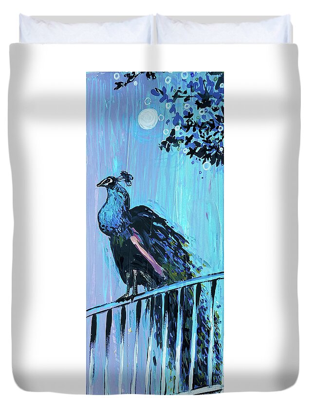 Bird Duvet Cover featuring the painting Peacock on a fence by Tilly Strauss