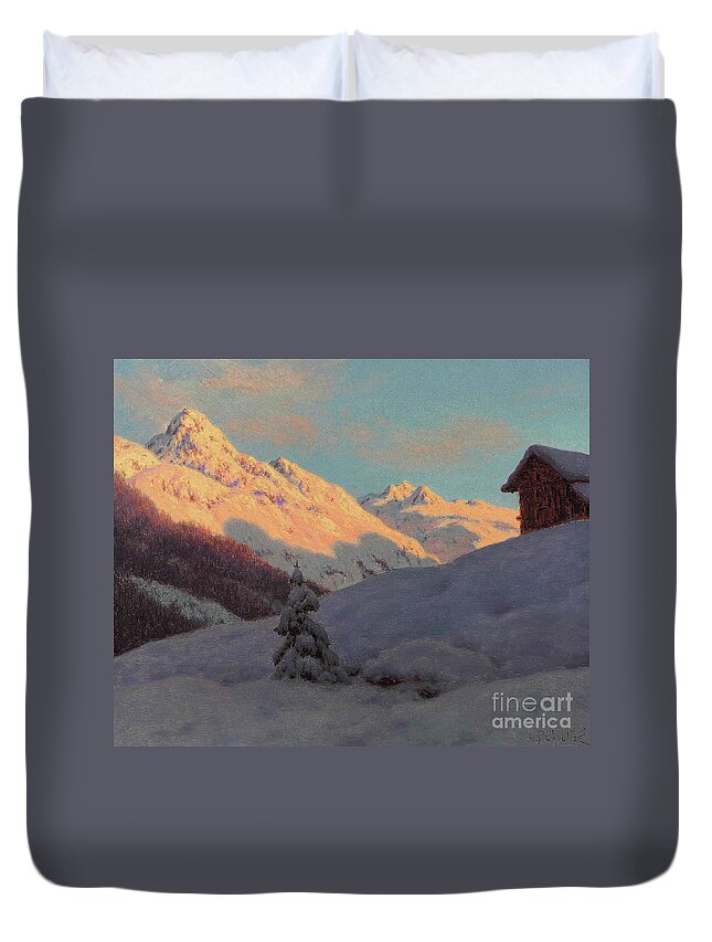 Snow Duvet Cover featuring the painting Peaks in the Engadine by Ivan Fedorovich Choultse