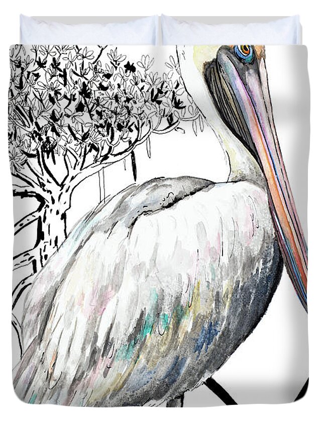 Pelican Duvet Cover featuring the painting Pelican On Branch II by Patricia Pinto